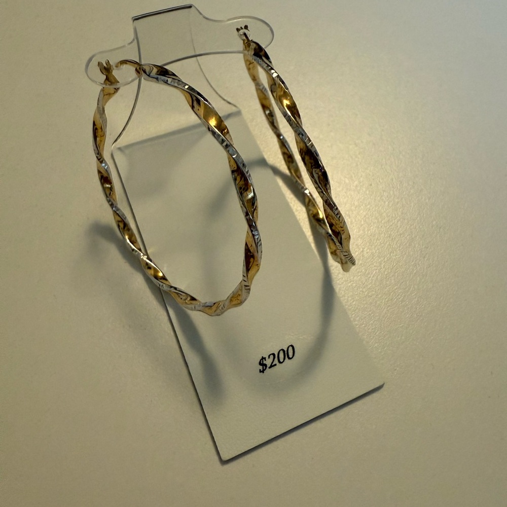 Two tone twisted hoop earrings 45mm in 14K Yellow and White gold-plated sterling